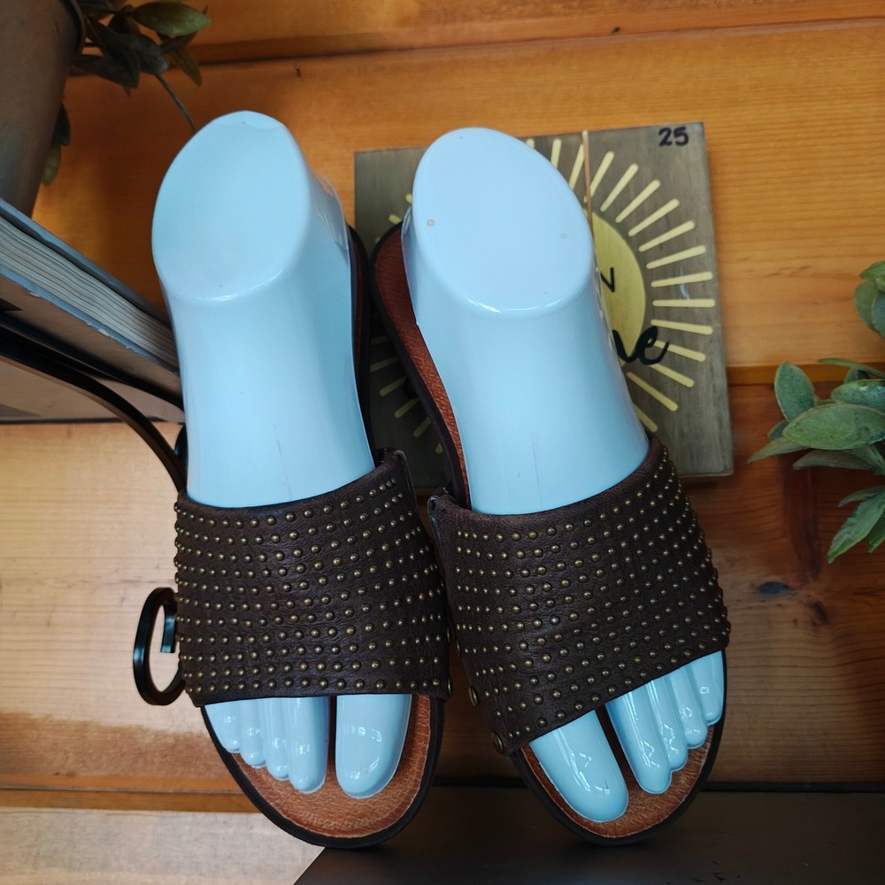 Reba Dark Brown Leather Studded Shoes Slide On Flat Sandals Boho Casual Sz 6.5M - Picture 6 of 11